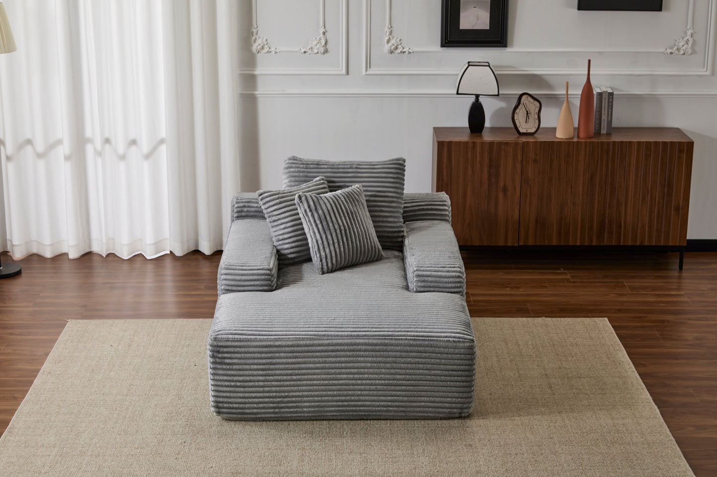 NEW Grey Oversized Chaise Lounge Chair Cozy Cloud Couch Modern Plush Corduroy Upholstered Sleeper Sofa Daybed with 3 Throw Pillows and Wide Armrest