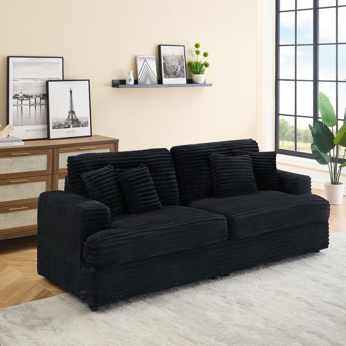 NEW 79.3 'long, corduroy sofa with 4 matching pillows, stylish design spacious and comfortable 3-seater sofa suitable for modern living room, black