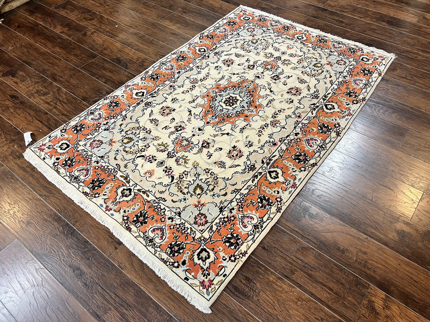 USED Persian Tabriz Rug 4.5  x 6.8, Finely Hand Knotted Wool with Silk Highlights Vintage Oriental Carpet, Cream and Salmon, High KPSI, Floral Medallion