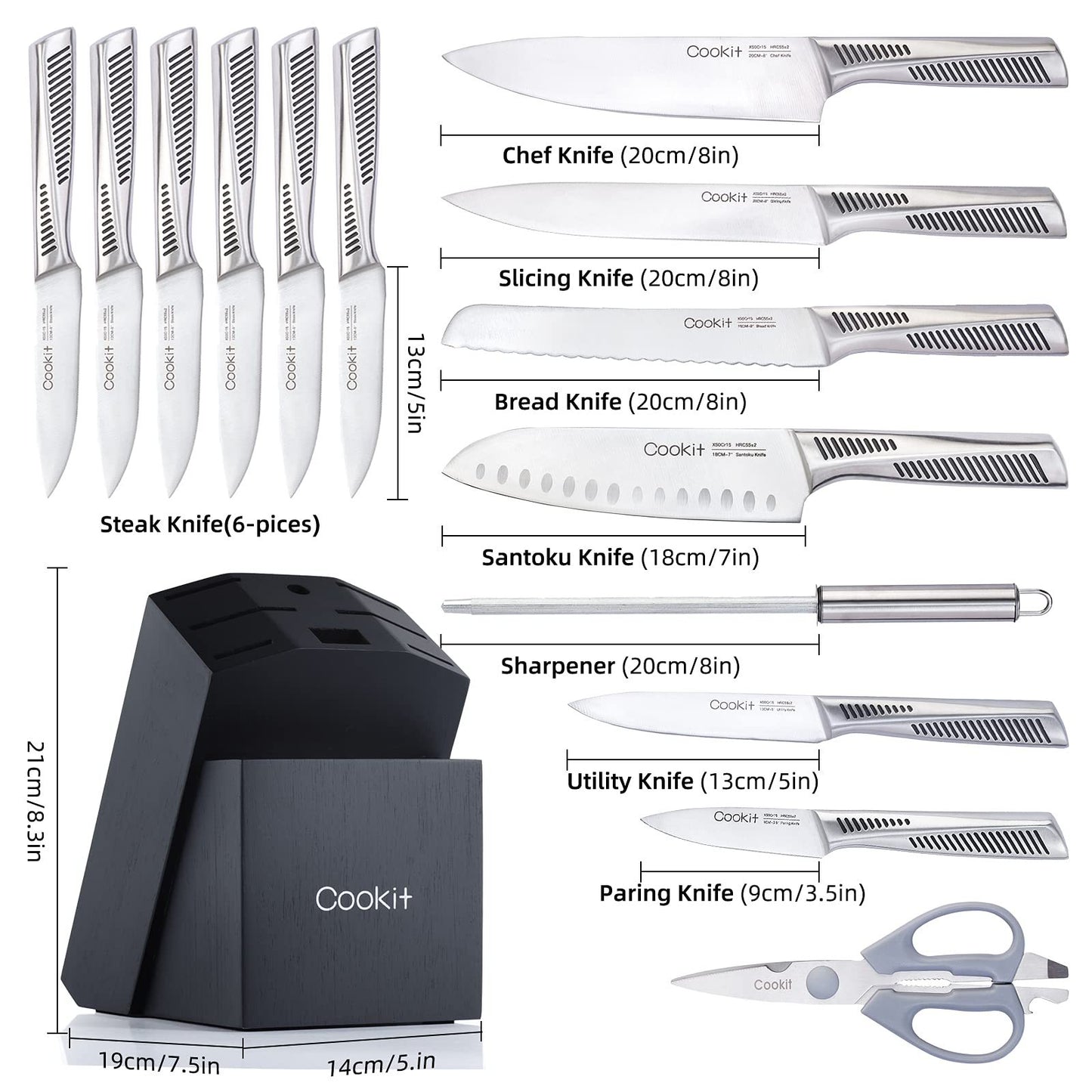 NEW Kitchen Knife Set, 15 Piece Knife Sets with Block, Chef Knives with Non-Slip German Stainless Steel Hollow Handle Cutlery Set with Multifunctional Scissors Knife Sharpener  Amazon Platform Banned