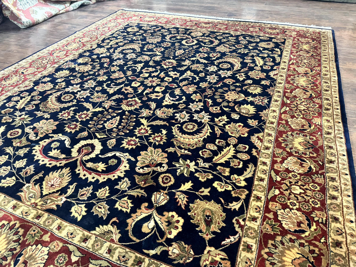 USED Indo Persian Rug 8x10, Navy Blue and Red, Floral Allover, Hand Knotted Vintage Wool Carpet, Indo Sarouk