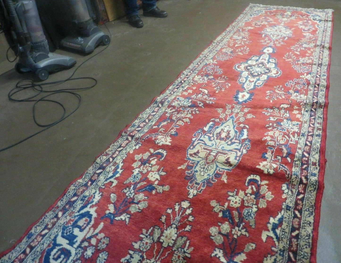 USED Persian Runner Rug 3 x 12, Antique Wool Oriental Runner, Floral Vases, Red & Navy Blue