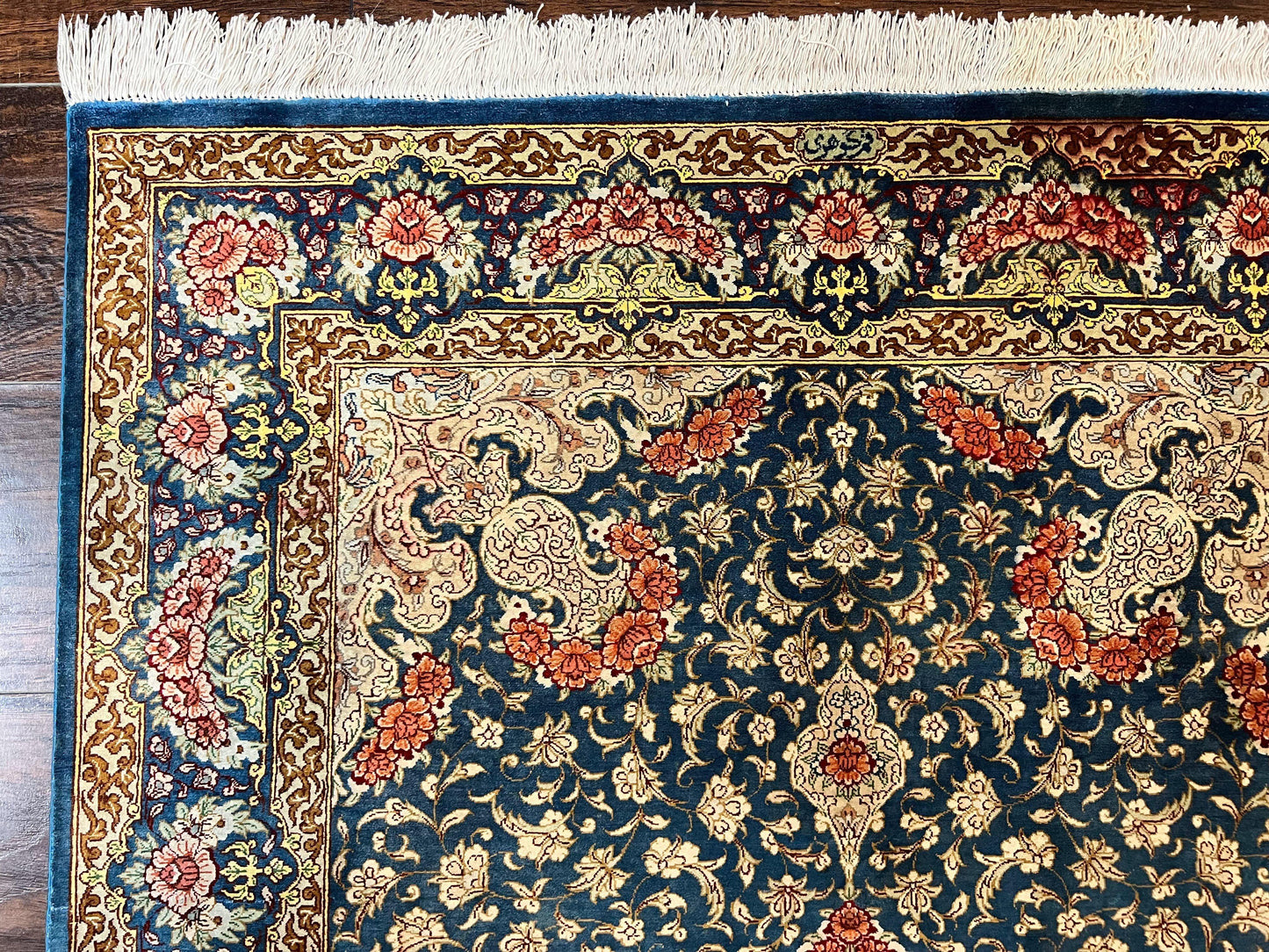 USED Magnificent Persian Qum Silk Rug 3x5, Blue, Super Fine 675 KPSI - 70 Raj, Floral Roses, Handmade Vintage Silk Carpet, Masterpiece