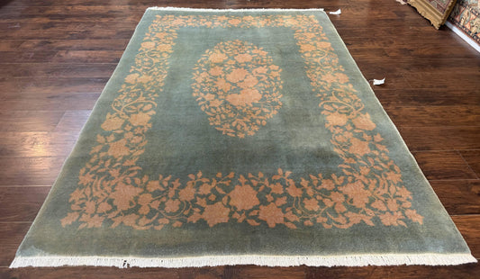 USED Teal Chinese Wool Rug 6x8, Vintage Handmade Carpet, Floral, Semi Open Field