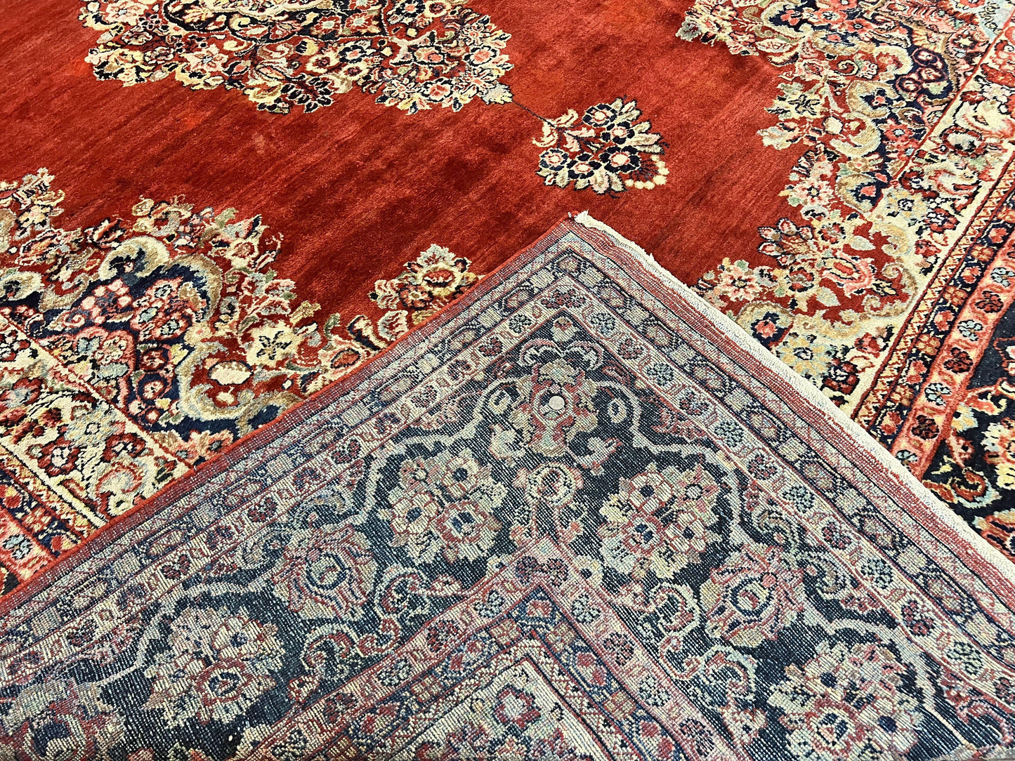 USED Persian Sarouk Rug 11x14, Semi Open Field, Large Antique Persian Wool Handmade Carpet, Red and Dark Blue, Floral