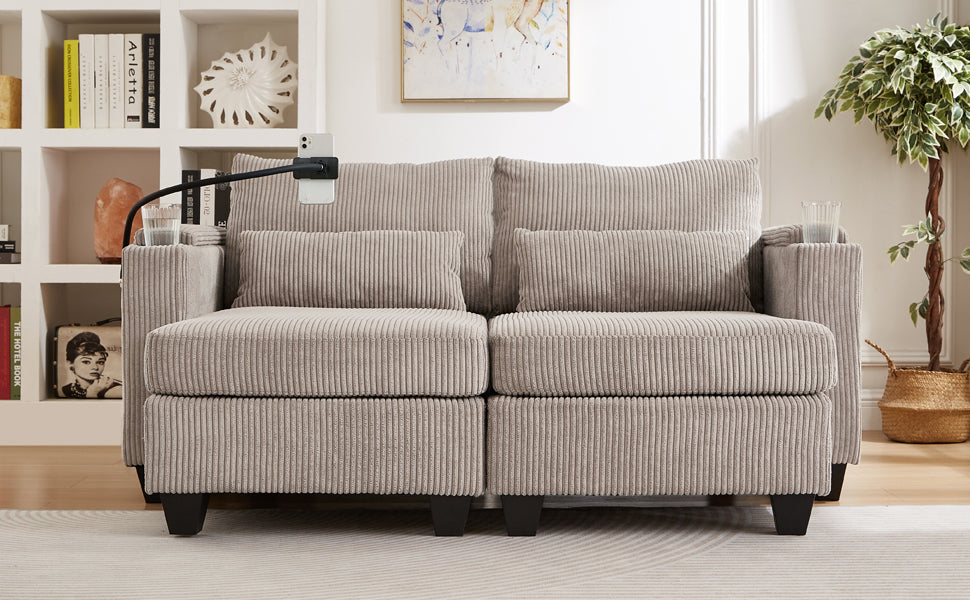 NEW Convertible Chaise Lounge 63' Loveseat Sofa Bed with USB Ports, Cup Holders, Phone Holder, Storage, Brown Corduroy