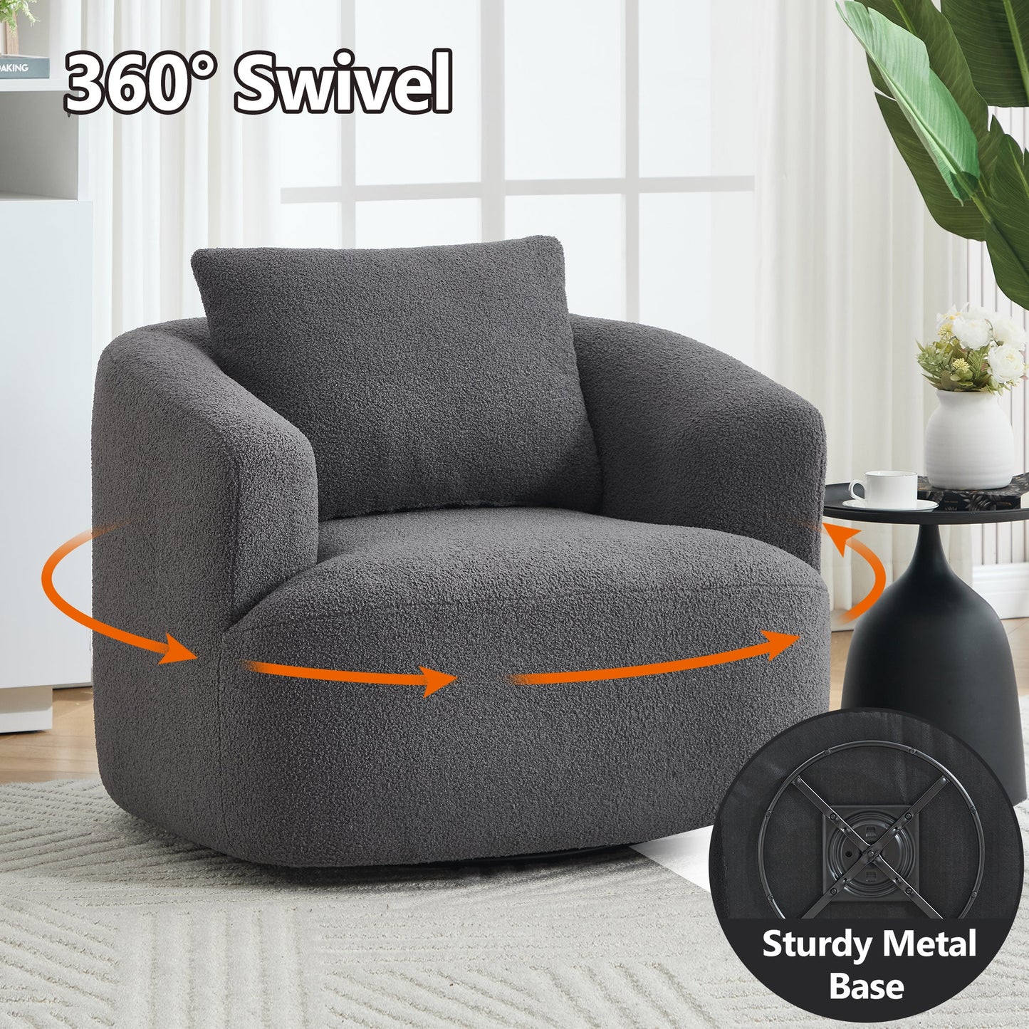NEW 360° Swivel Round Upholstered Comfy Chair With One Soft Pillow, Teddy Fleece High-Resilience Sponge Single Sofa, No Assembly for Living Room, Bedroom, Apartment, Dark Grey.