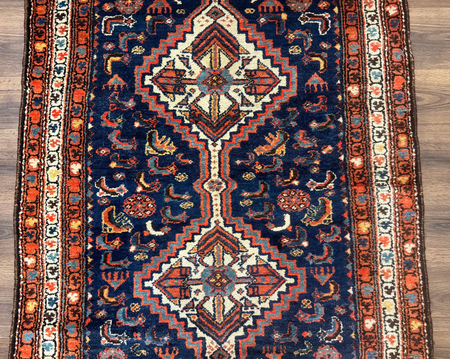 USED Antique Persian Hamadan Rug 4x6, Geometric, Double Medallions, Navy Blue, Tribal Carpet