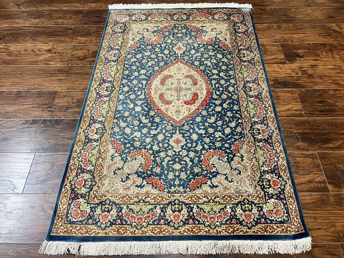 USED Magnificent Persian Qum Silk Rug 3x5, Blue, Super Fine 675 KPSI - 70 Raj, Floral Roses, Handmade Vintage Silk Carpet, Masterpiece