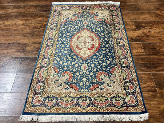 USED Magnificent Persian Qum Silk Rug 3x5, Blue, Super Fine 675 KPSI - 70 Raj, Floral Roses, Handmade Vintage Silk Carpet, Masterpiece