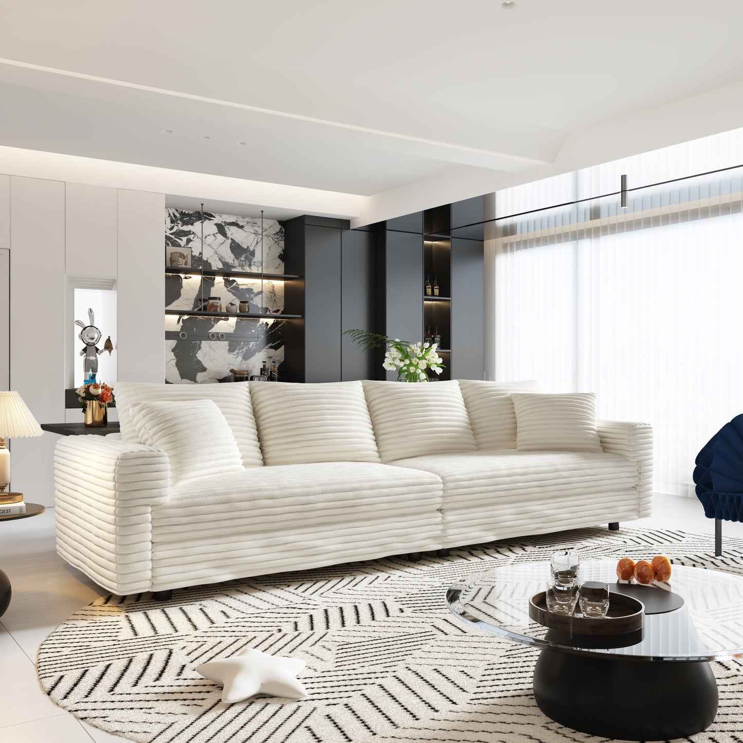 NEW 104.3' Modern 4-Seat  Beige Comfy Upholstered Plush Corduroy Sofa