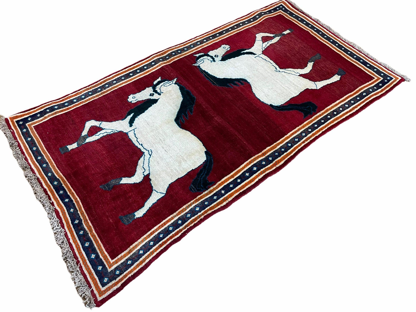 USED 3.5 X 6 Handmade Hand-Knotted New Vintage Rug Quality Wool White Horses Red