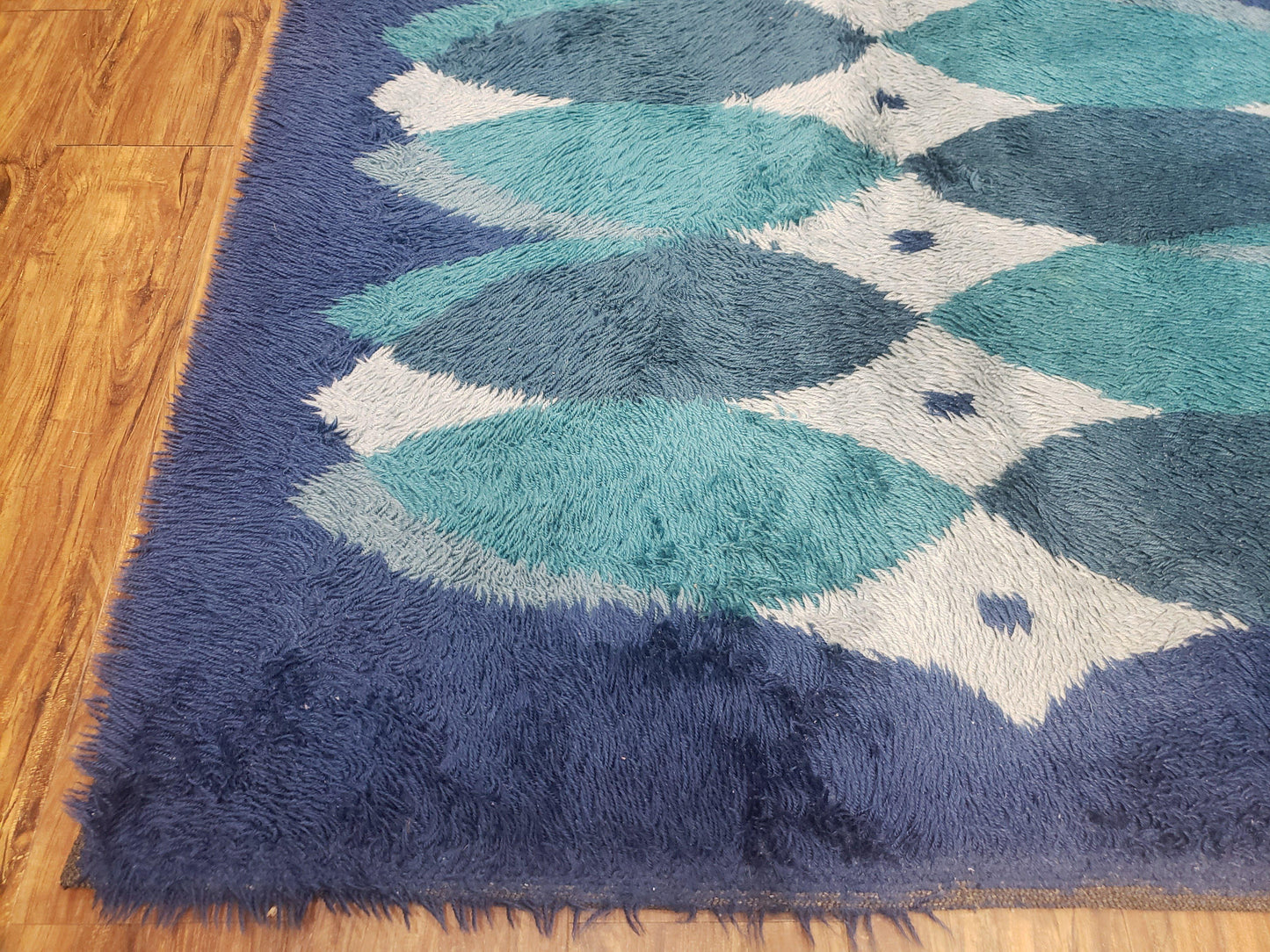USED Blue Rya Rug, 1960s Mid-Century Modern Danish Shag Rug 4'6" x 6'7", Ege Rya, Abstract