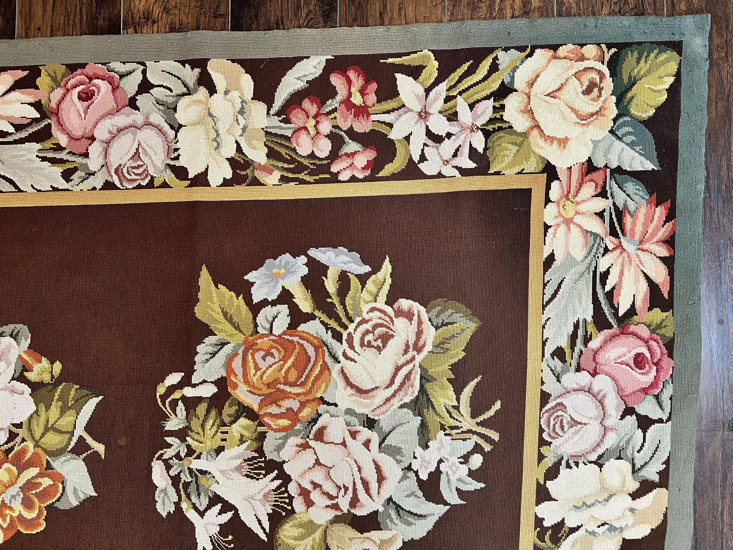 USED Vintage Needlepoint Rug 9x12, Large Handmade Hand-woven Needlepoint Carpet, Brown Area Rug, Floral Bouquets, Wool Rug, European Design