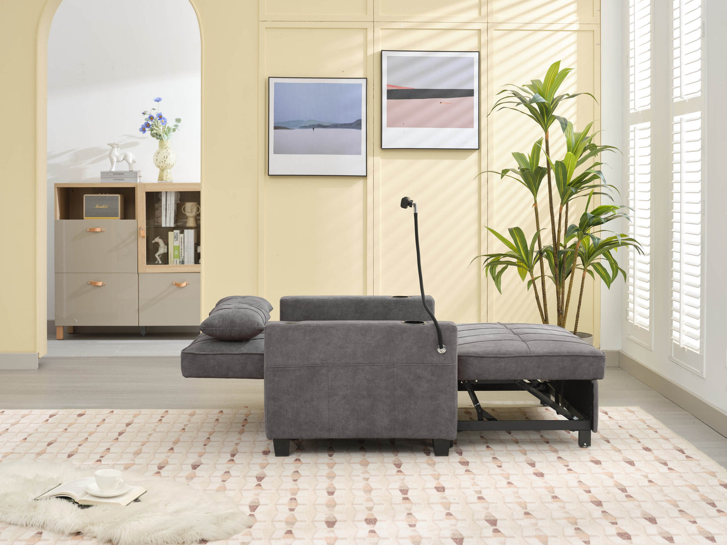 NEW Dark Grey Cloth Fabric 2 Seater Loveseat Recliner Sofa Bed with Adjustable Backrest USB and Cupholders