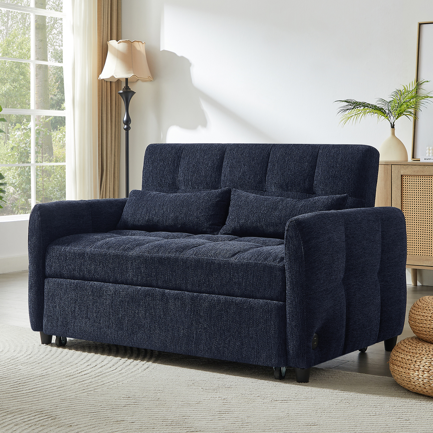 NEW Modern Loveseat Sofa Pull-out Bed with Adjustable Backrest, USB Ports, Lumbar Pillows, Blue Chenille, 52.8'