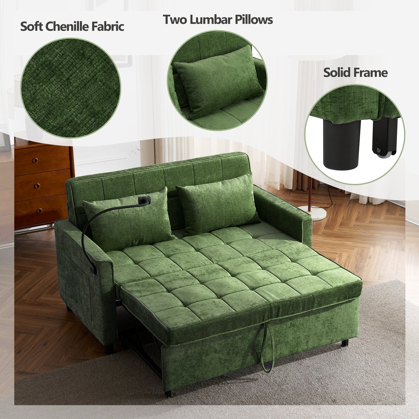 NEW 56.9' Convertible Loveseat Sofa Bed with Adjustable Backrest, USB Ports, Phone Holder, Side Pockets, Green Chenille,
