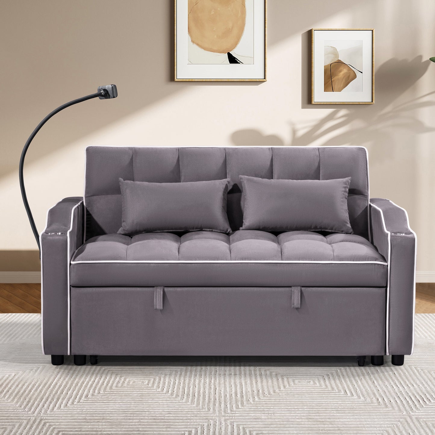 NEW 1 multifunctional foldable sofa bed in 3 different lengths, modern sofa, upgraded suede fabric, adjustable backrest, with USB port, ashtray, and rotating telephone stand
