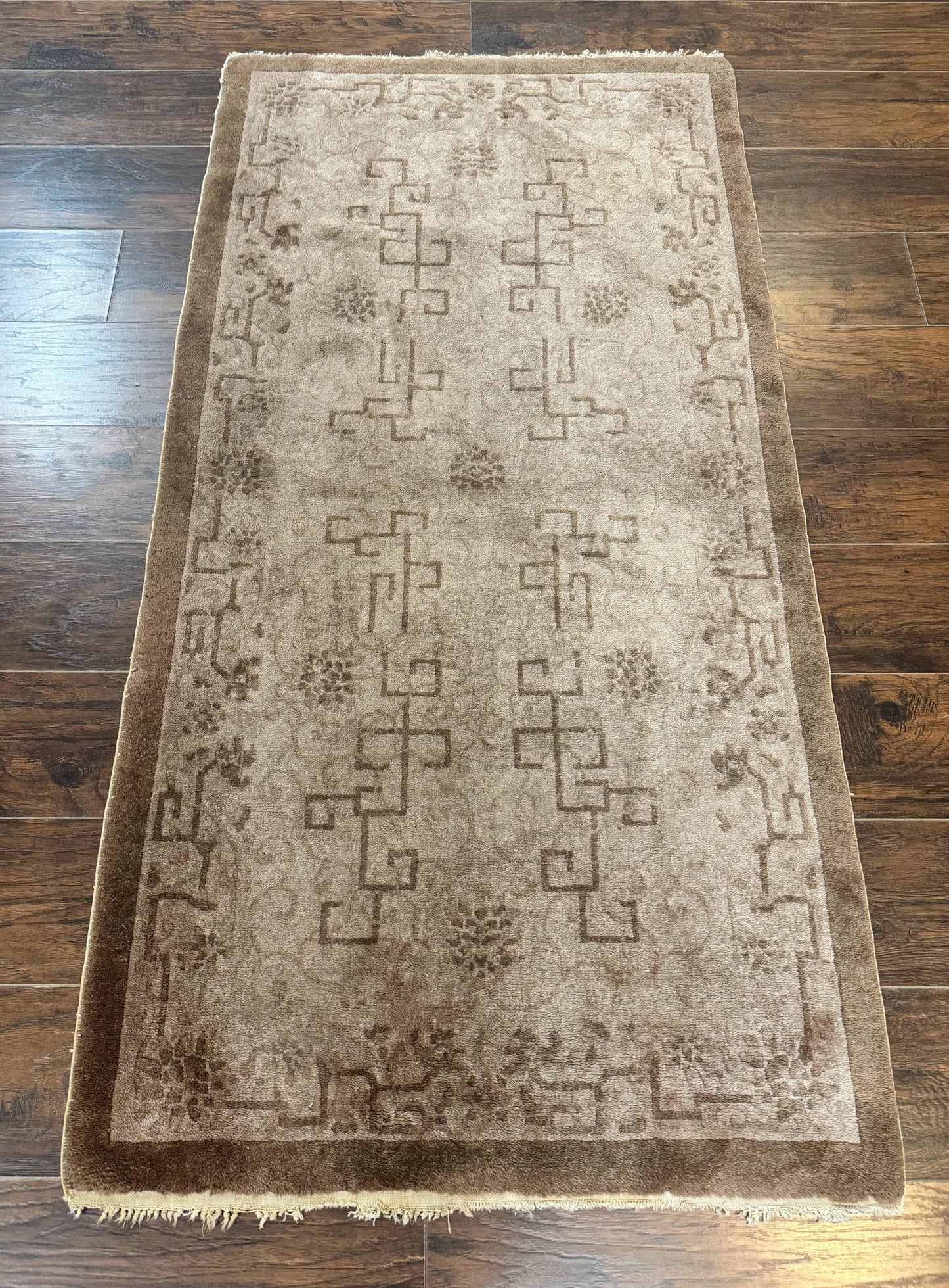 USED Antique Chinese Fette Rug 3x6, Taupe, Handmade Wool Chinese Carpet