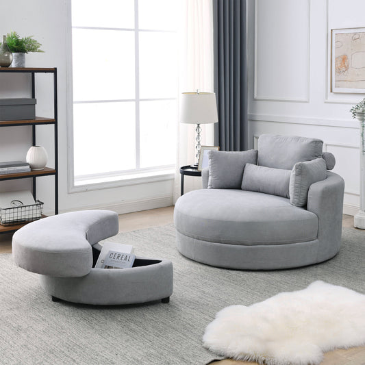 NEW We Like Swivel Accent Barrel Modern Grey Sofa Lounge Club Big Round Chair with Storage Ottoman Linen Fabric with Pillows