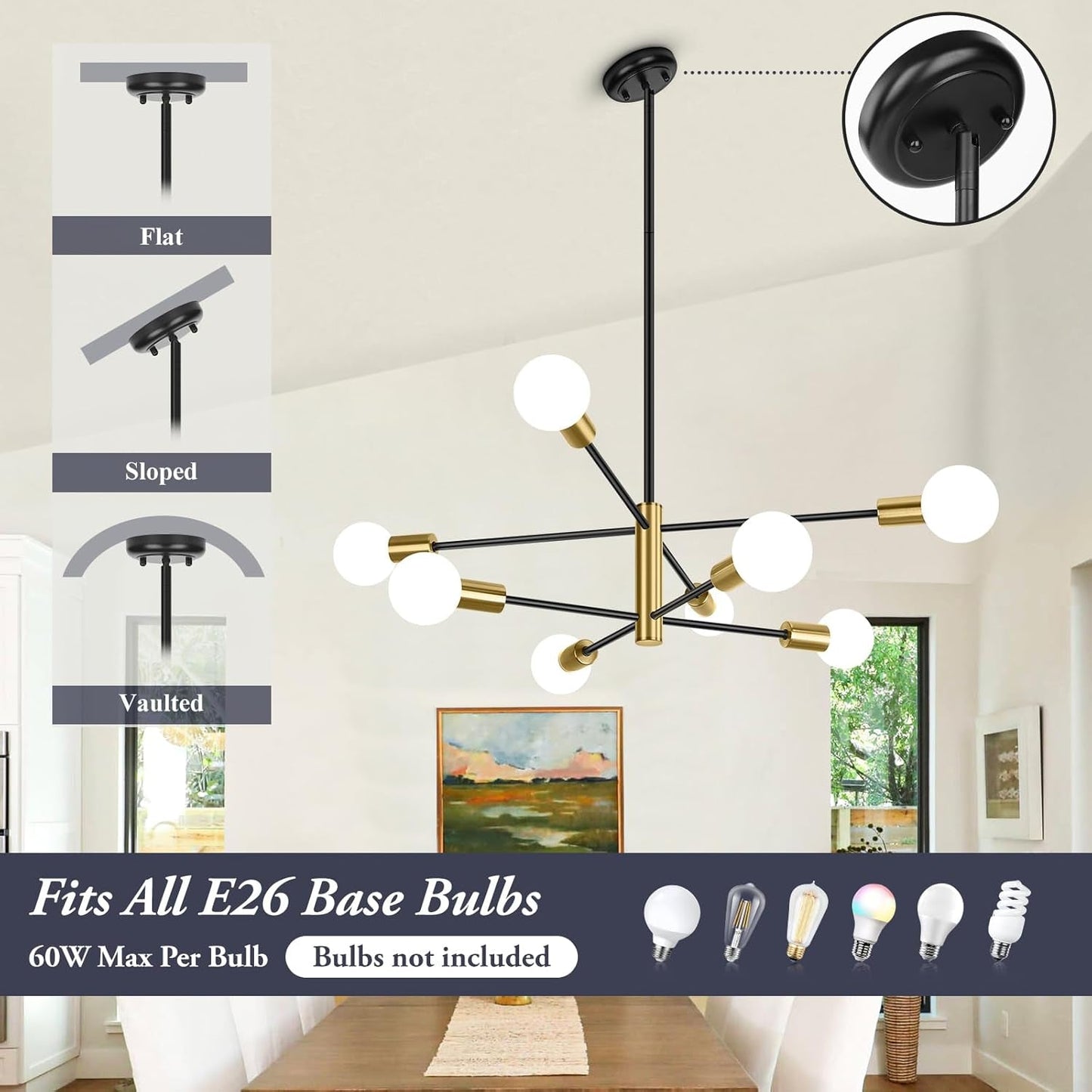 NEW Eight Light Modern Sputnik Chandelier Black And Gold