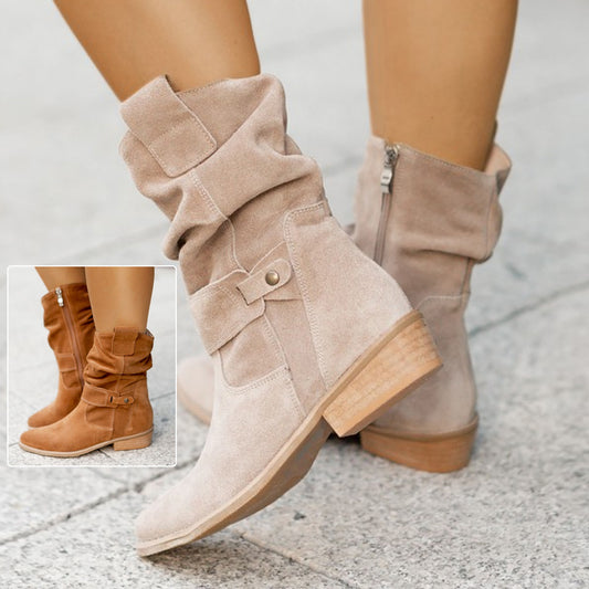 New Ins Pointed Toe Mid-calf Boots Fashion Suede Zipper Western Boot Winter Shoes For Women