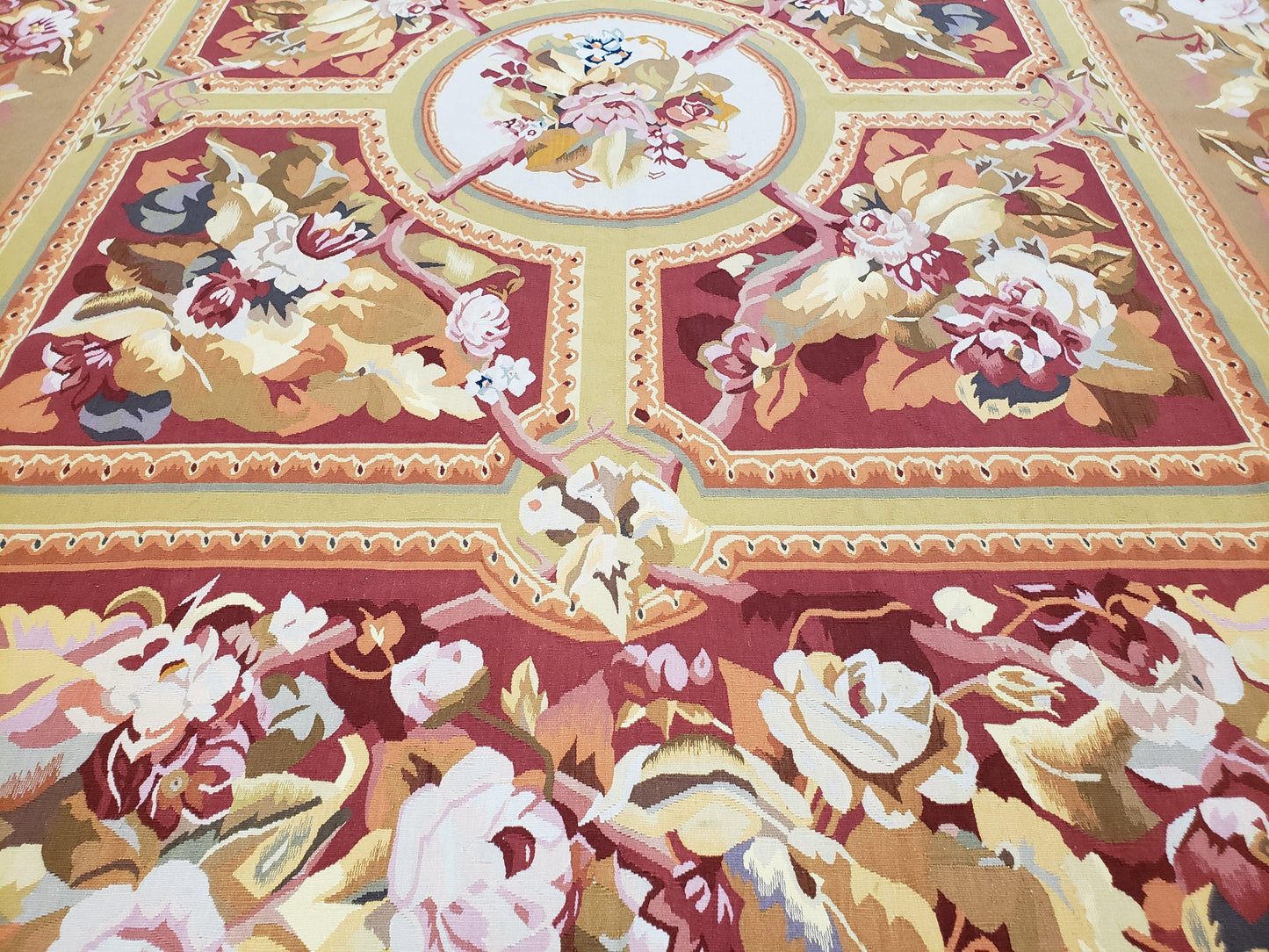 USED Vintage Chinese Aubusson Savonnerie Flat Pile Rug 9.9 x 14.5 Wool Handwoven Red & Khaki Large Flowers Rug 9x14 - 10x15 Michaelian Kolhberg