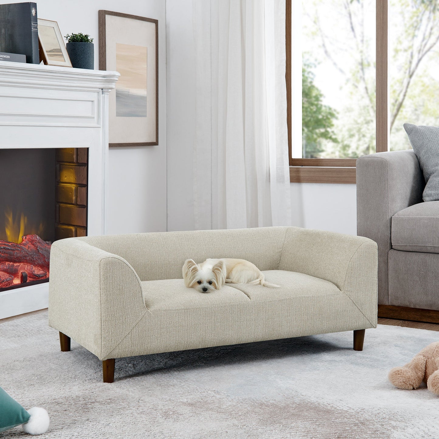 NEW Modern Light Beige Small Medium Dog Rectangular Pet Sofa with Backrest and Armrests