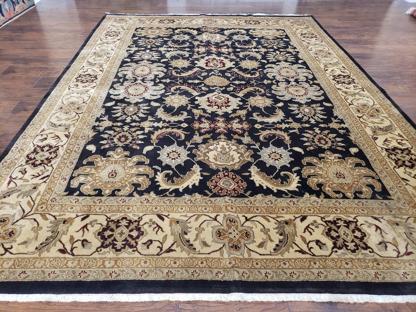 USED Indo Mahal Rug 8x12, Indian Sultanabad Handmade Area Rug, Vintage Hand-Knotted Wool Black Floral Traditional Oriental Dinning Room Rug