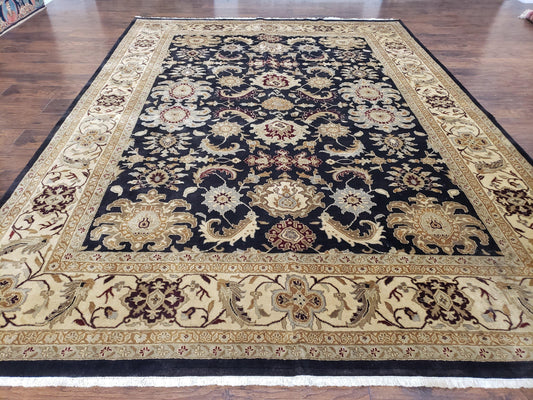 USED Indo Mahal Rug 8x12, Indian Sultanabad Handmade Area Rug, Vintage Hand-Knotted Wool Black Floral Traditional Oriental Dinning Room Rug