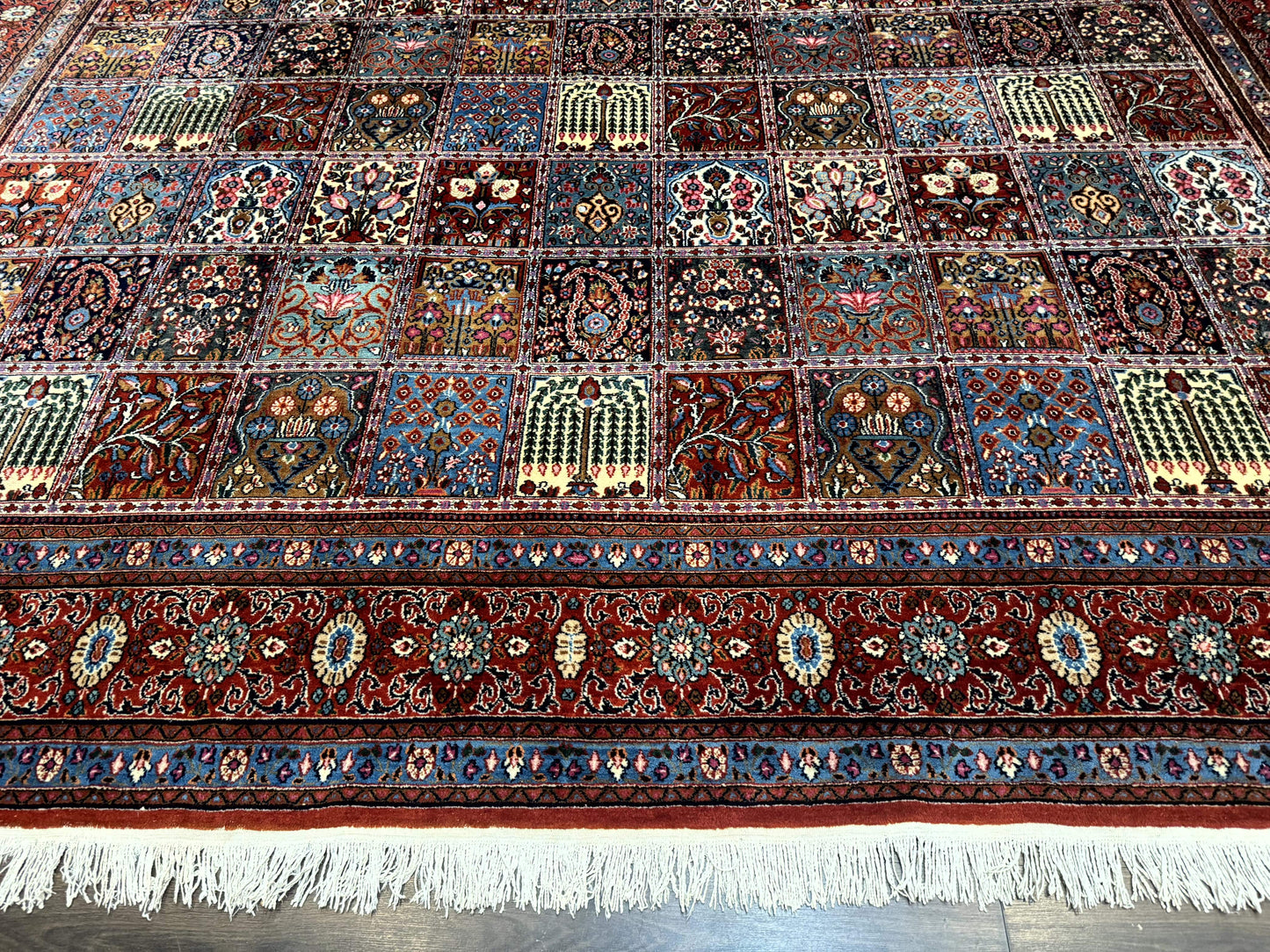 USED Wonderful Persian Qum Rug 10x13, Panel Design, Fine 260 KPSI, Signed, Red Multicolor