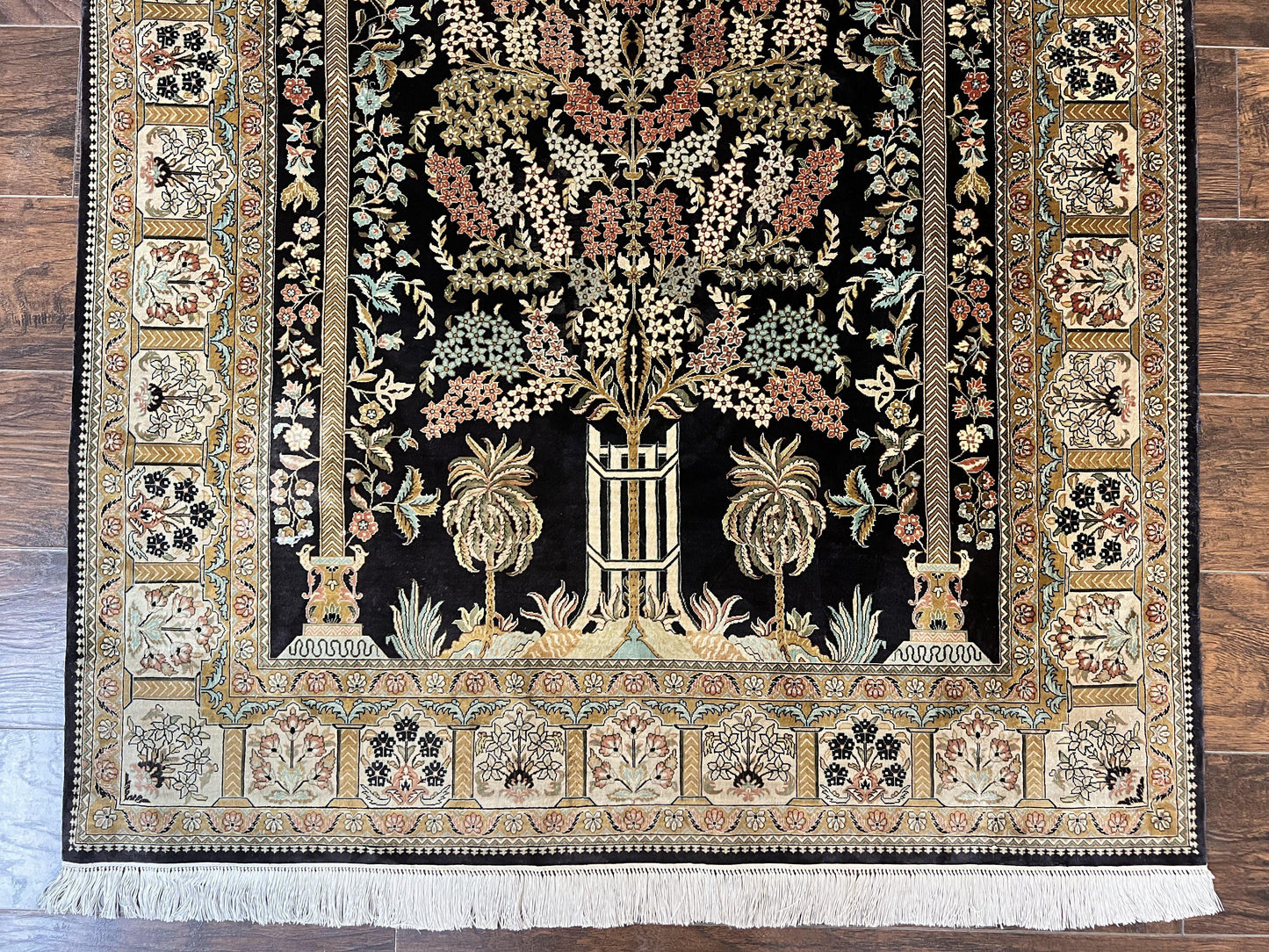 USED Wonderful Sino Persian Silk Rug 4x6, Tree of LIfe Design, Masterpiece 575 KPSI, Birds, Prayer Rug, Black, Silk on Silk