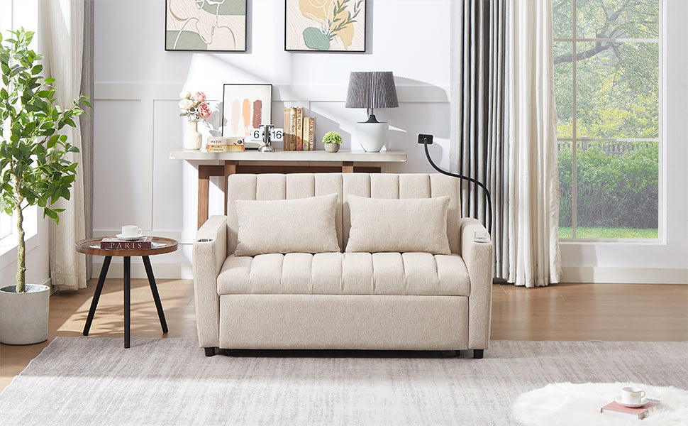 NEW Beige Bella Fabric Convertible Sofa Bed Loveseat