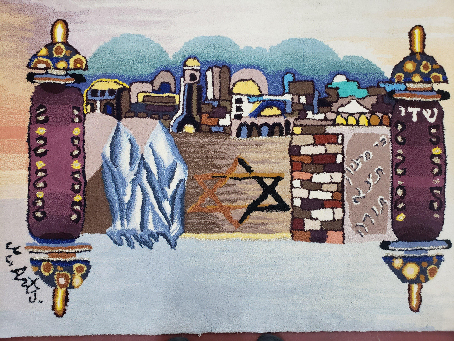 USED Vintage Judaica Pictorial Rug 3x5, Wool Hand-Tufted Israeli Signed Rug, Jerusalem Rug, Star of David Torah Scroll Verses, Chanuka Gift