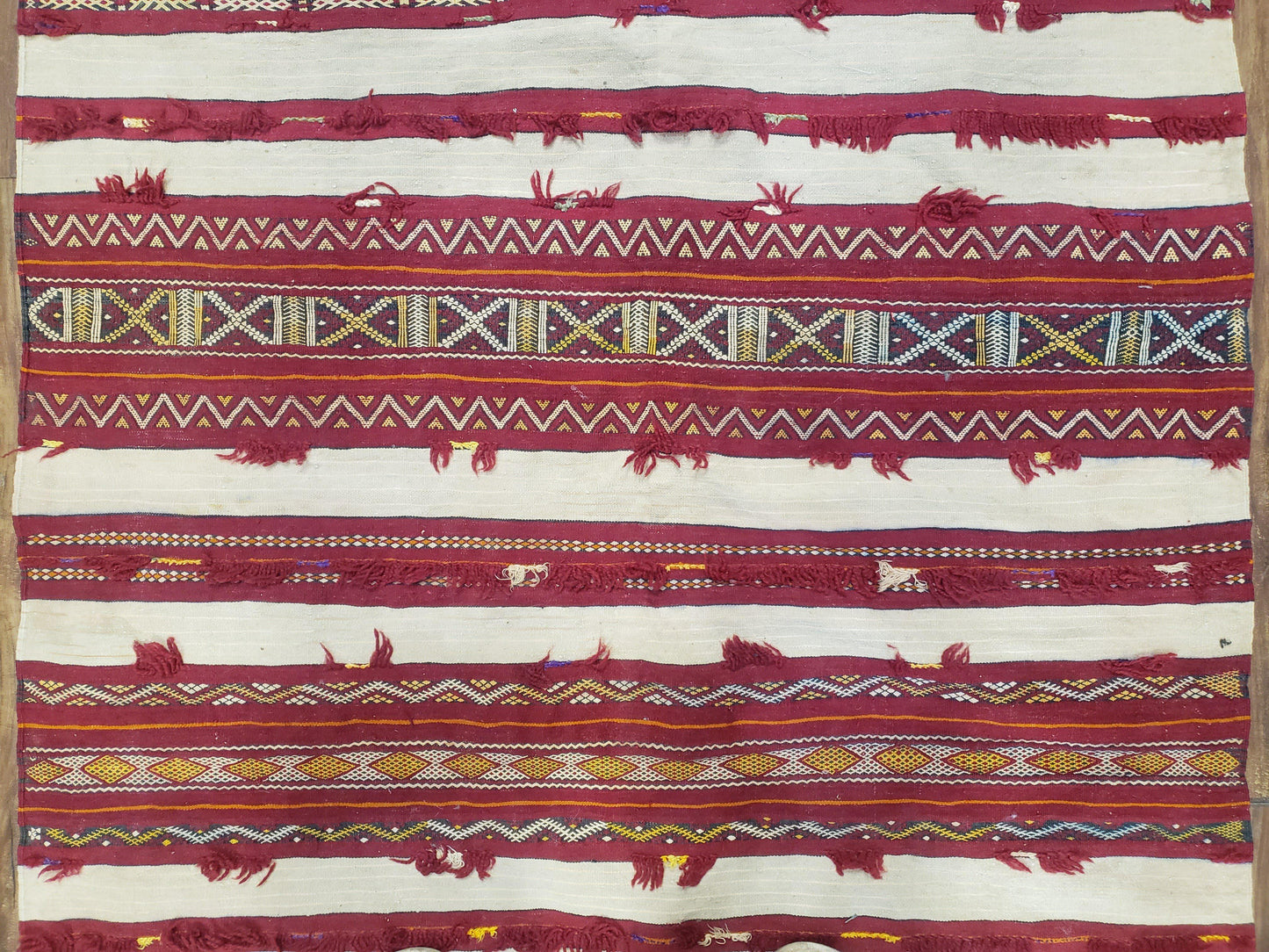 USED Antique Turkoman Yamud Rug 3x5 ft, 1920s Turkmen Sofreh Table Cover, Bohemian Rug, Tribal Collectible, Striped Rug, Handmade Ivory and Red