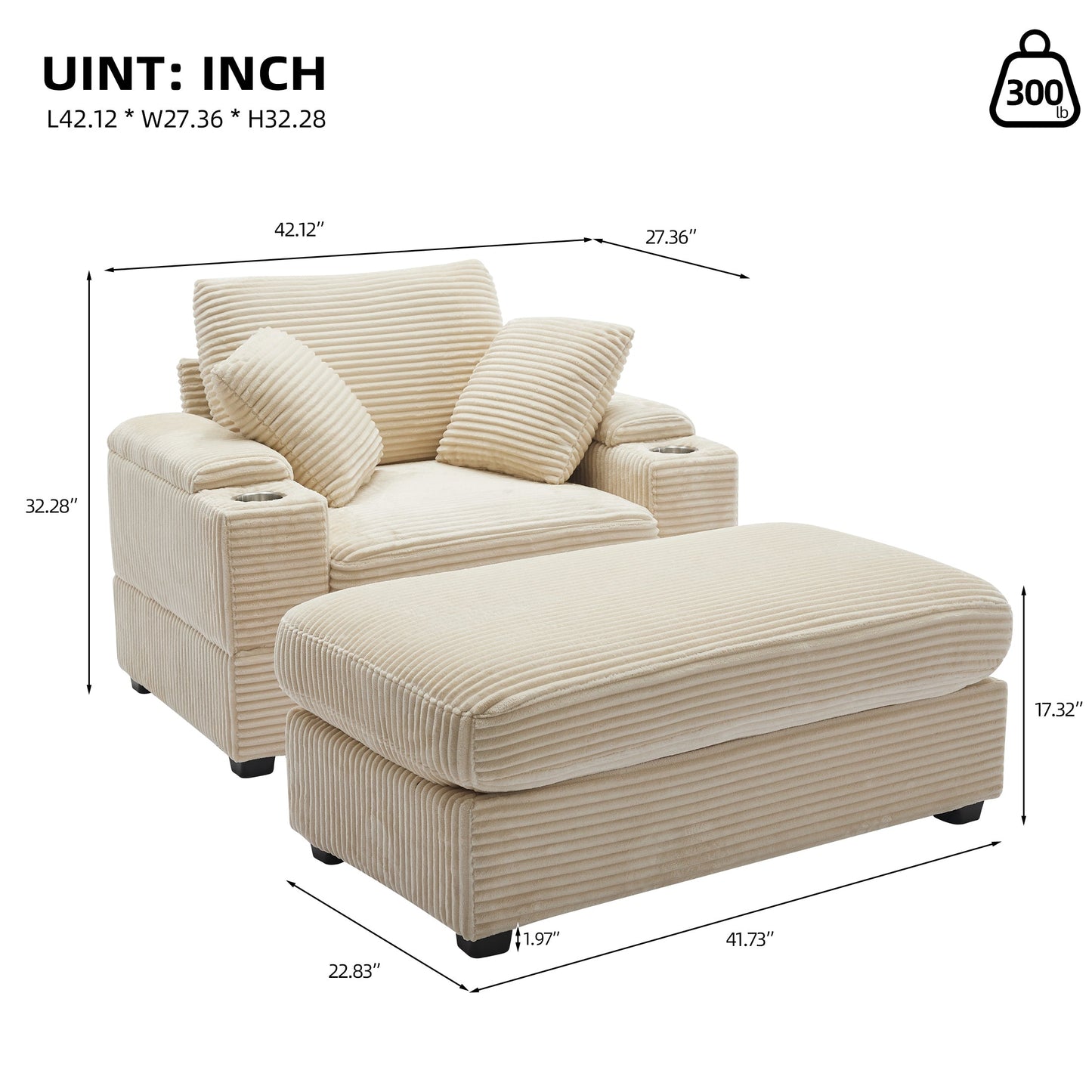 NEW Corduroy Beige Upholstered Chaise Lounge Sofa