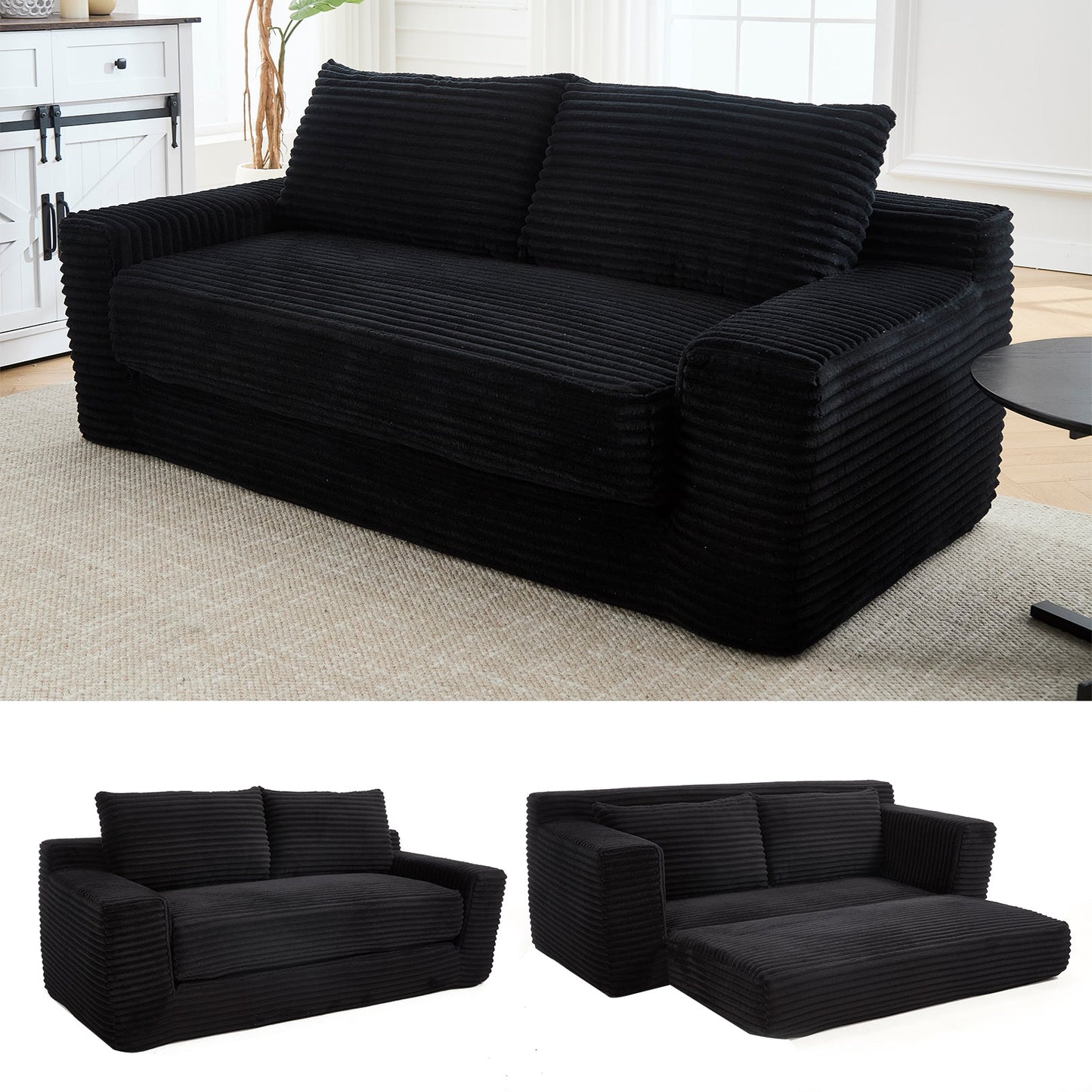NEW Loveseat Sofa Bed with Memory Foam & Steel Frame - Convertible 2-in-1 Design, Black Corduroy, No Assembly