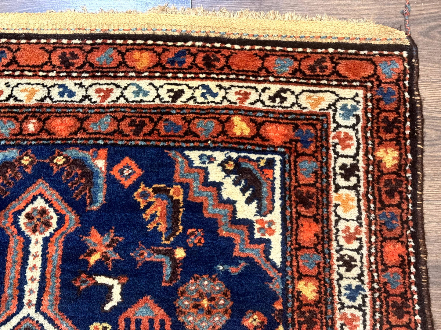 USED Antique Persian Hamadan Rug 4x6, Geometric, Double Medallions, Navy Blue, Tribal Carpet