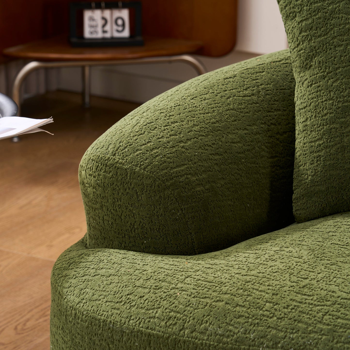 NEW Green Curved Loveseat: Compressed No Assembly, Chenille Small Sofa, 30D Sponge, Compact for Apartments, 65' L, 300Lbs, 3 Pillows