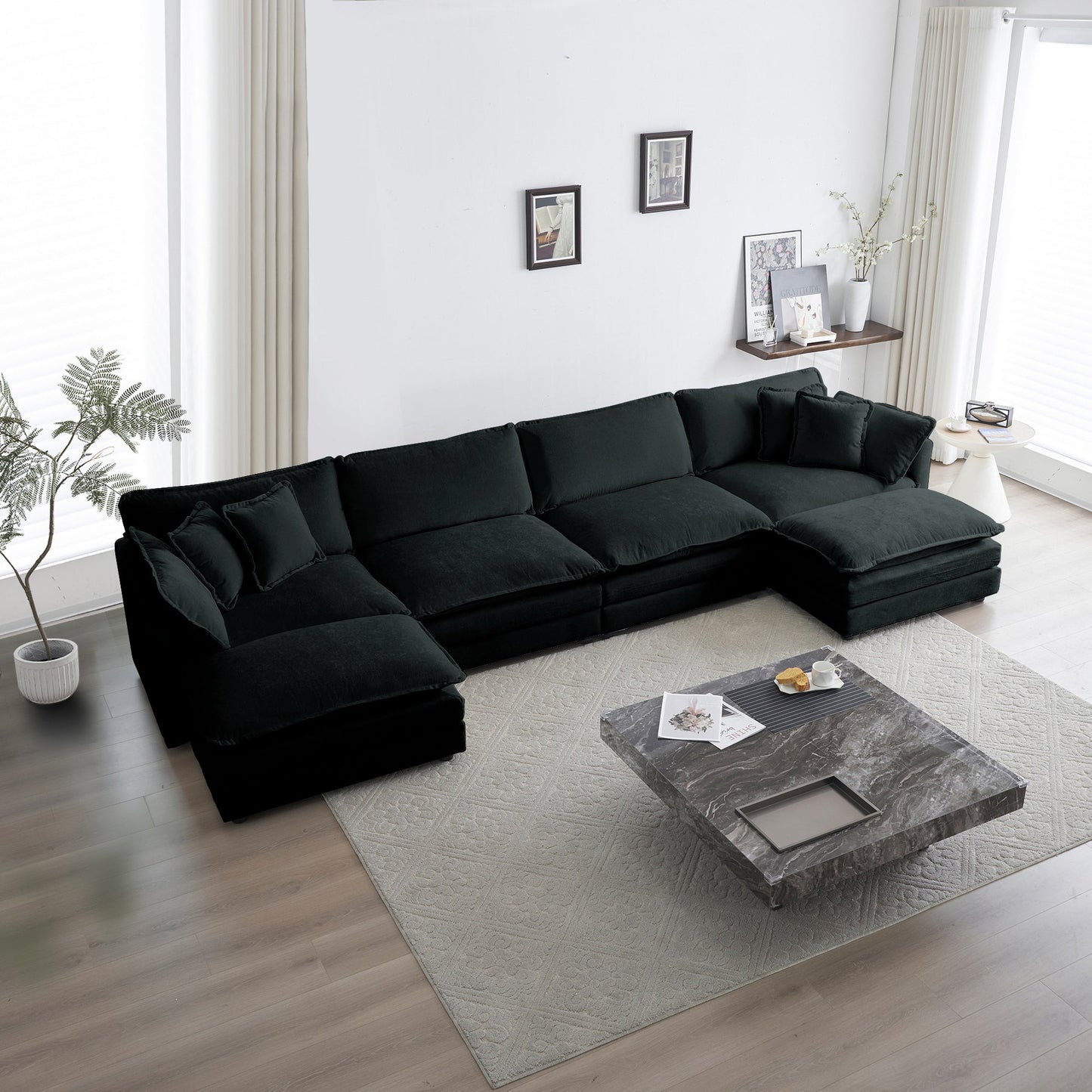 NEW Comfort U Shaped Couch with Reversible Chaise, Modular Large U-Shape Sectional Sofa, Double Extra Ottomans,Black Chenille