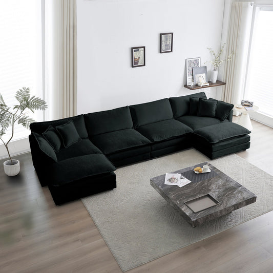 NEW Comfort U Shaped Couch with Reversible Chaise, Modular Large U-Shape Sectional Sofa, Double Extra Ottomans,Black Chenille