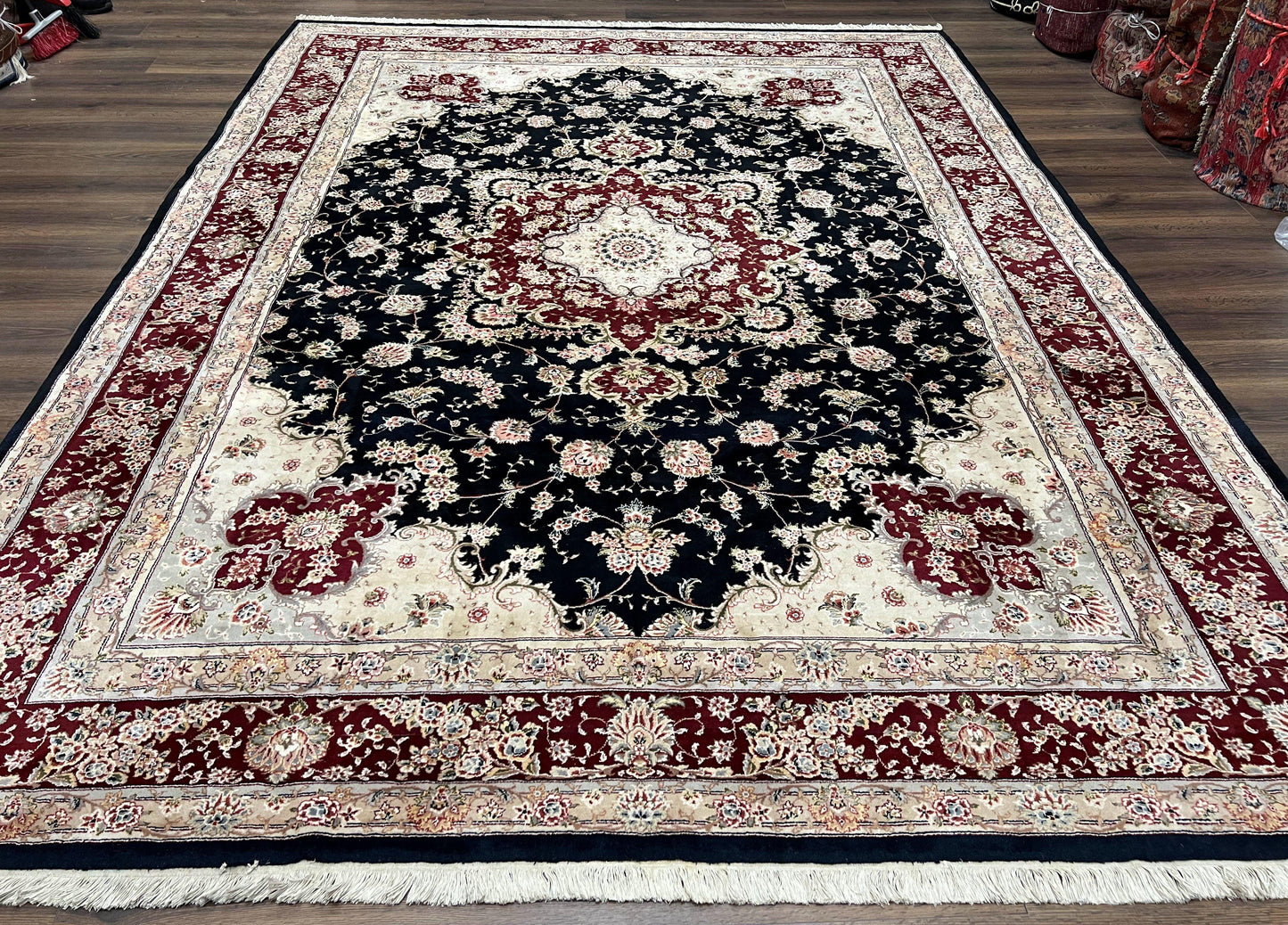 USED Pak Persian Rug 8.8 x 10.6, Floral Medallion, Wool and Silk Hand Knotted Fine Oriental Carpet, Elegant Rug, Black Gray Burgundy, Room Sized