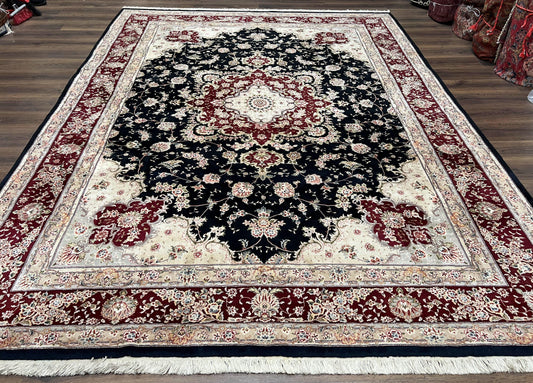 USED Pak Persian Rug 8.8 x 10.6, Floral Medallion, Wool and Silk Hand Knotted Fine Oriental Carpet, Elegant Rug, Black Gray Burgundy, Room Sized