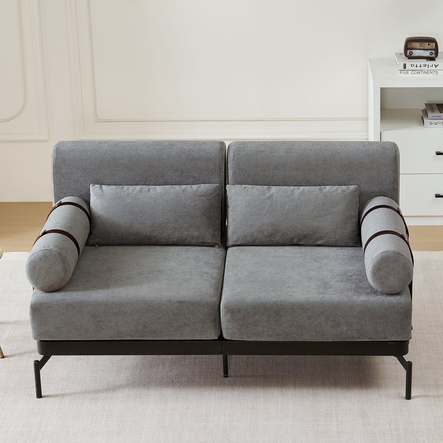 NEW Modern Grey Chenille 2 Seater Loveseat 59' Sofa Couch with USB Ports Unique Cylindrical Armrests