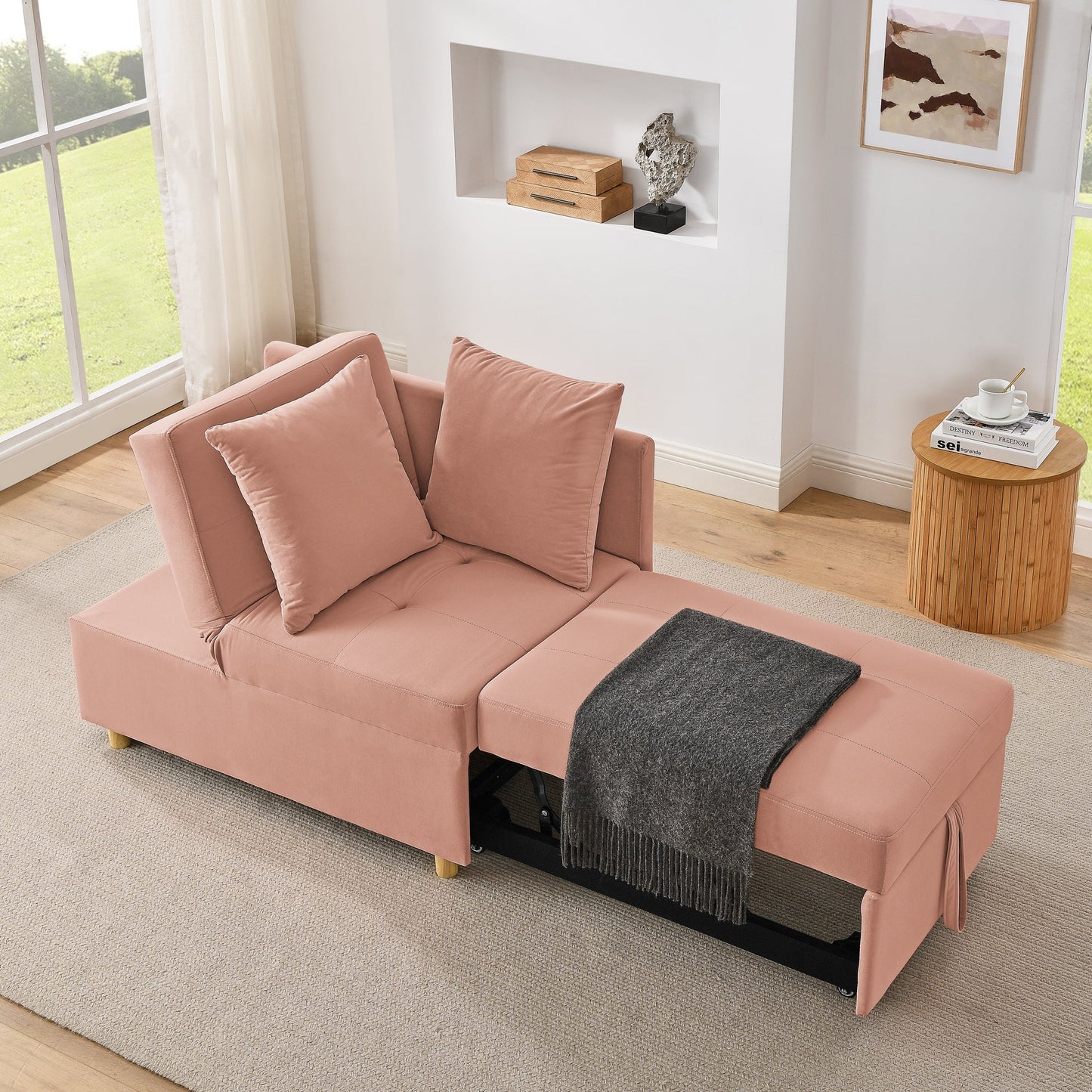 NEW Modern Linen Pink Fabric Convertible Sleeper Sofa Chair Adjustable Backrest Recliner with Pullout Couch Bed with Wheels