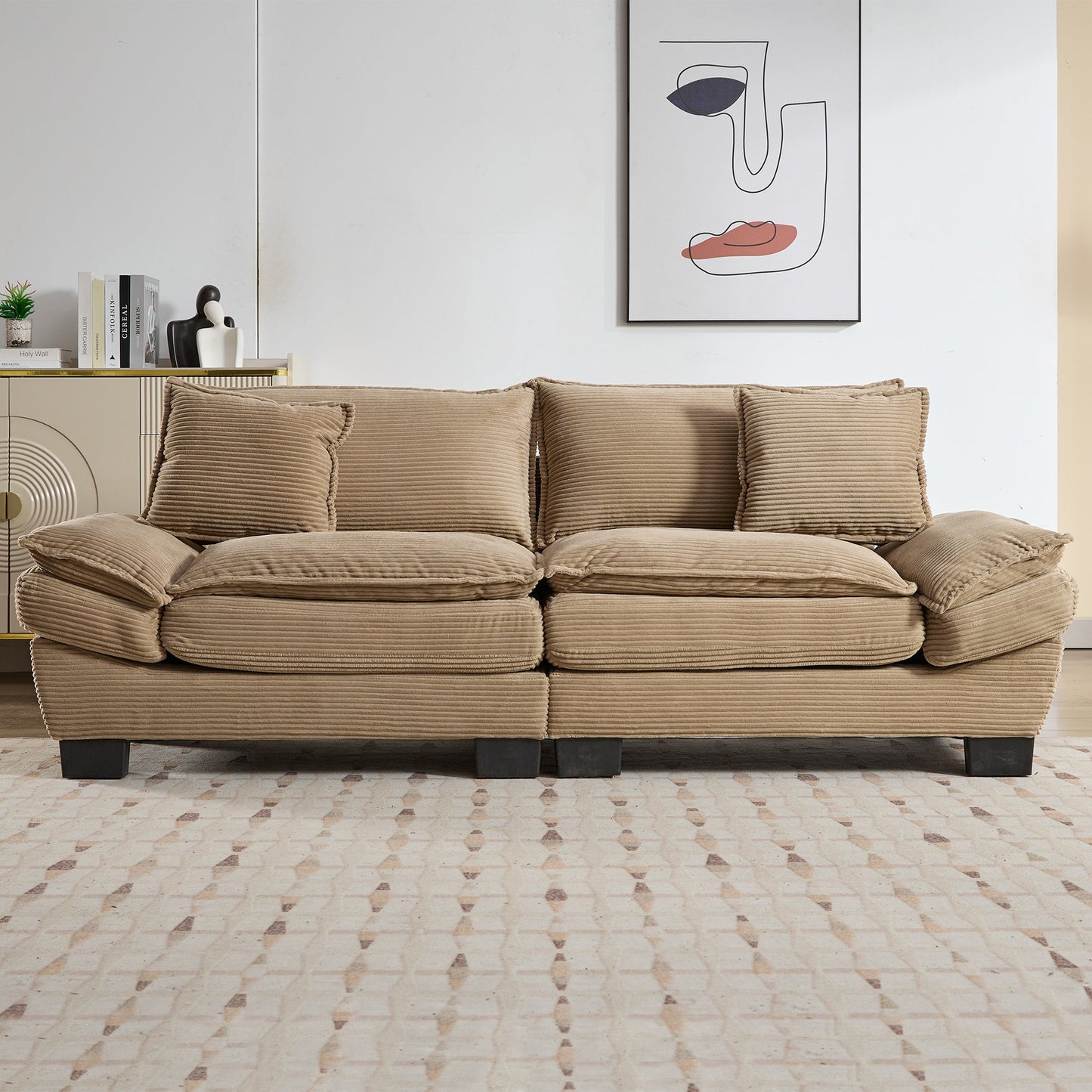 NEW Khaki Corduroy Sofa Sleeper Couch Loveseat with Pillows Comfy Upholstered Deep Seating