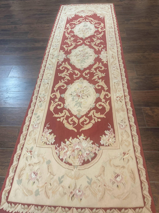 USED Aubusson Runner Rug 3x10, European Design, Red and Beige, Elegant, Handmade Wool Rug