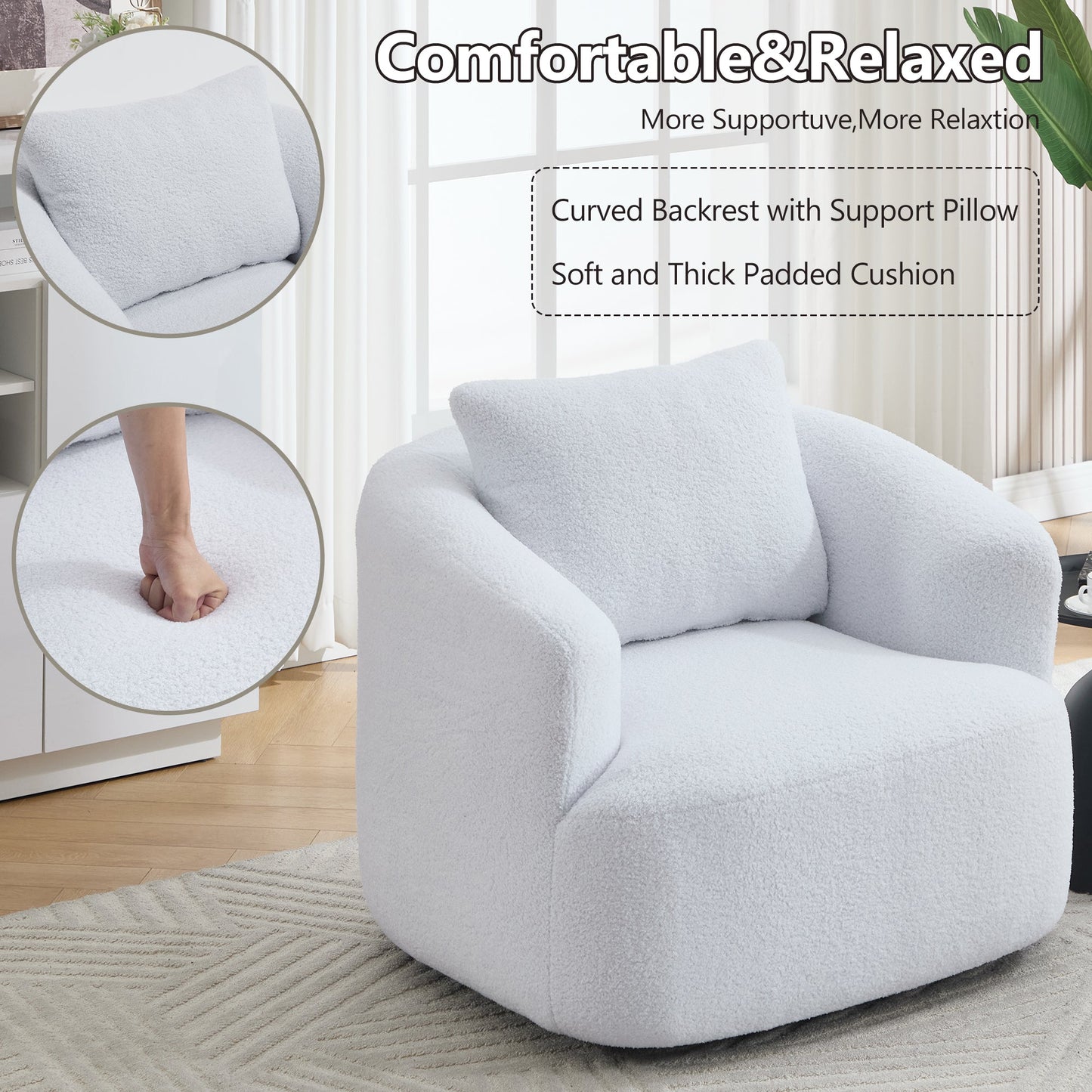 NEW White Teddy Fleece 360° Swivel Round Upholstered Comfy Chair With One Soft Pillow