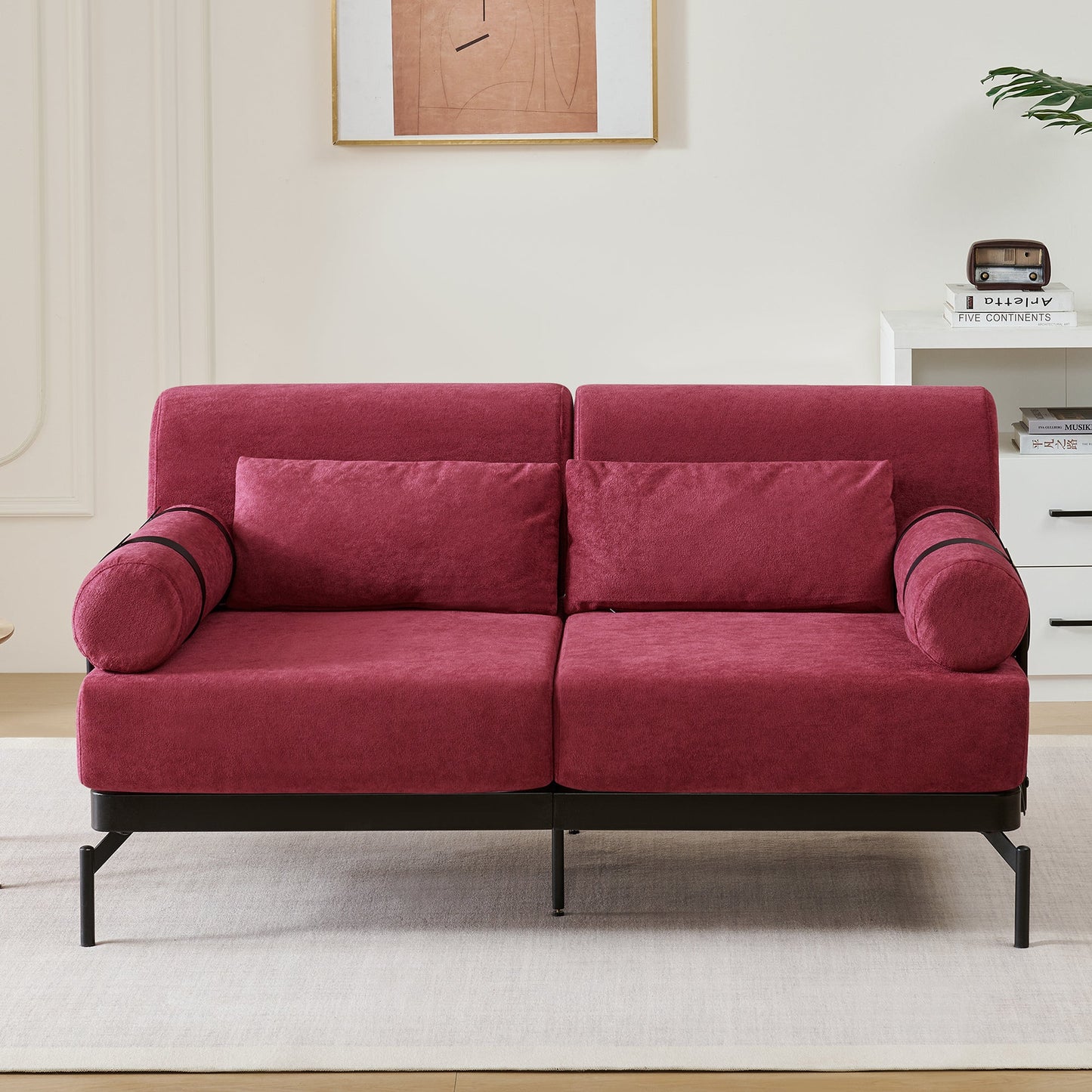 NEW Modern Red Chenille Loveseat 59' Sofa Couch 2-Seater with USB Ports Unique Cylindrical Armrests