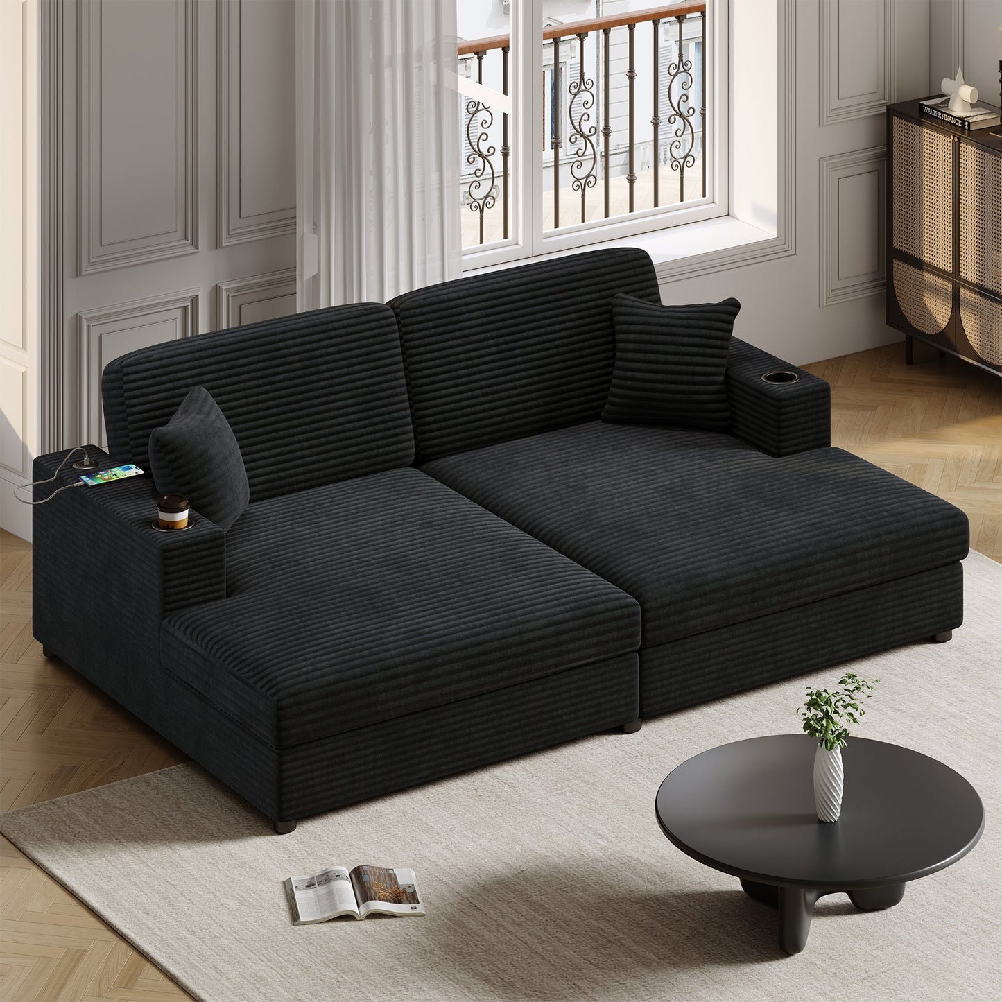 NEW Black Corduroy Oversized Loveseat Chaise Lounge Sectional Sofa Bed with USB Ports Cup Holders and Pillows